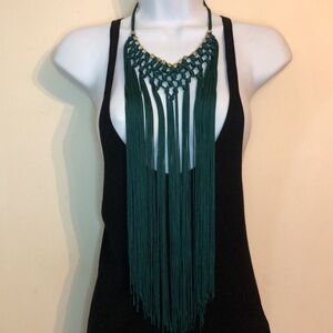 Macrame textile, drape, fringe, waterfall, dressy, statement style necklace